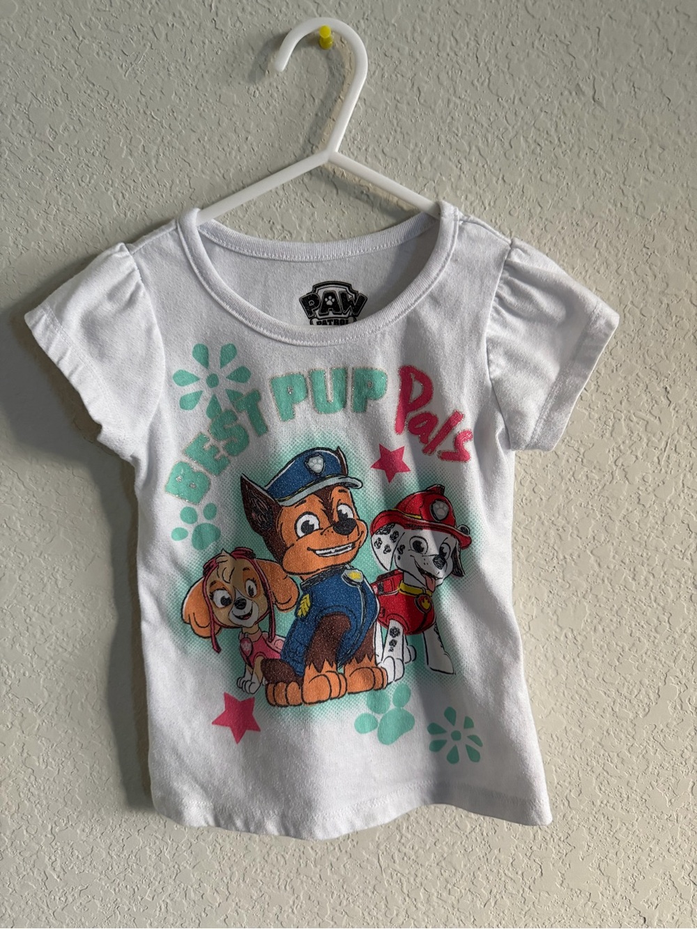 Paw Patrol White Short Sleeve Tee with Turquoise & Pink Graphics